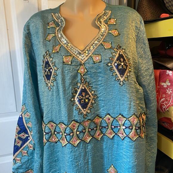 VTG Palestinian Silky Sequin Embroidered Thobe Traditional Tatreez Boho Dress XL - Picture 5 of 11